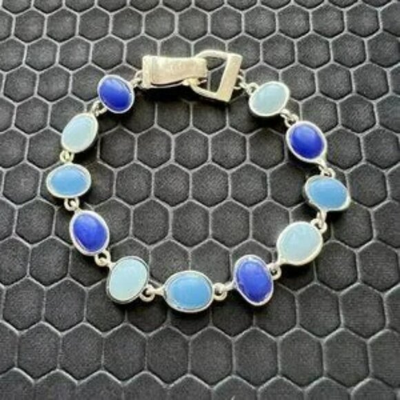 Sea Glass Bracelet with Light and Dark Blue Sea Glass 18K White Gold Plated - Picture 1 of 2